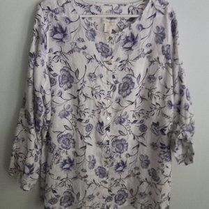 100% linin, blue white blouse, flower design, long sleeve